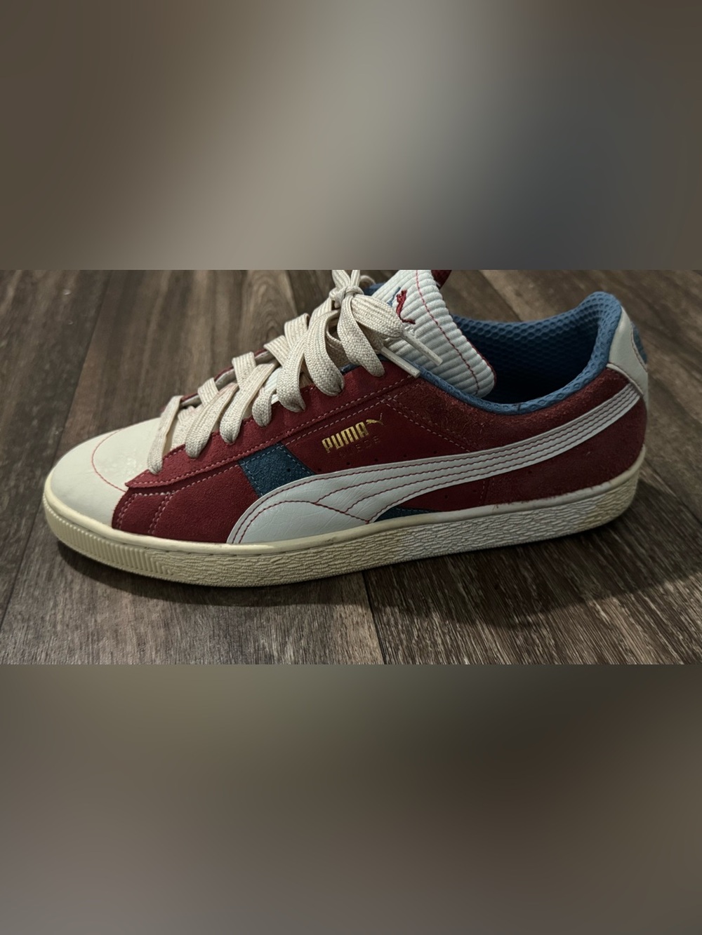 Puma Burgundy and White Suede Low-Top Sneakers